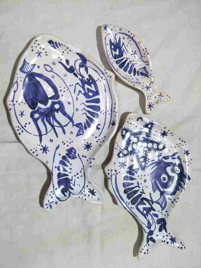 Fish plate 3 pieces set made of porcelain