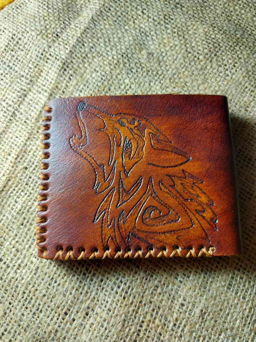 Genuine leather wallet, hand burned, 6 card slots