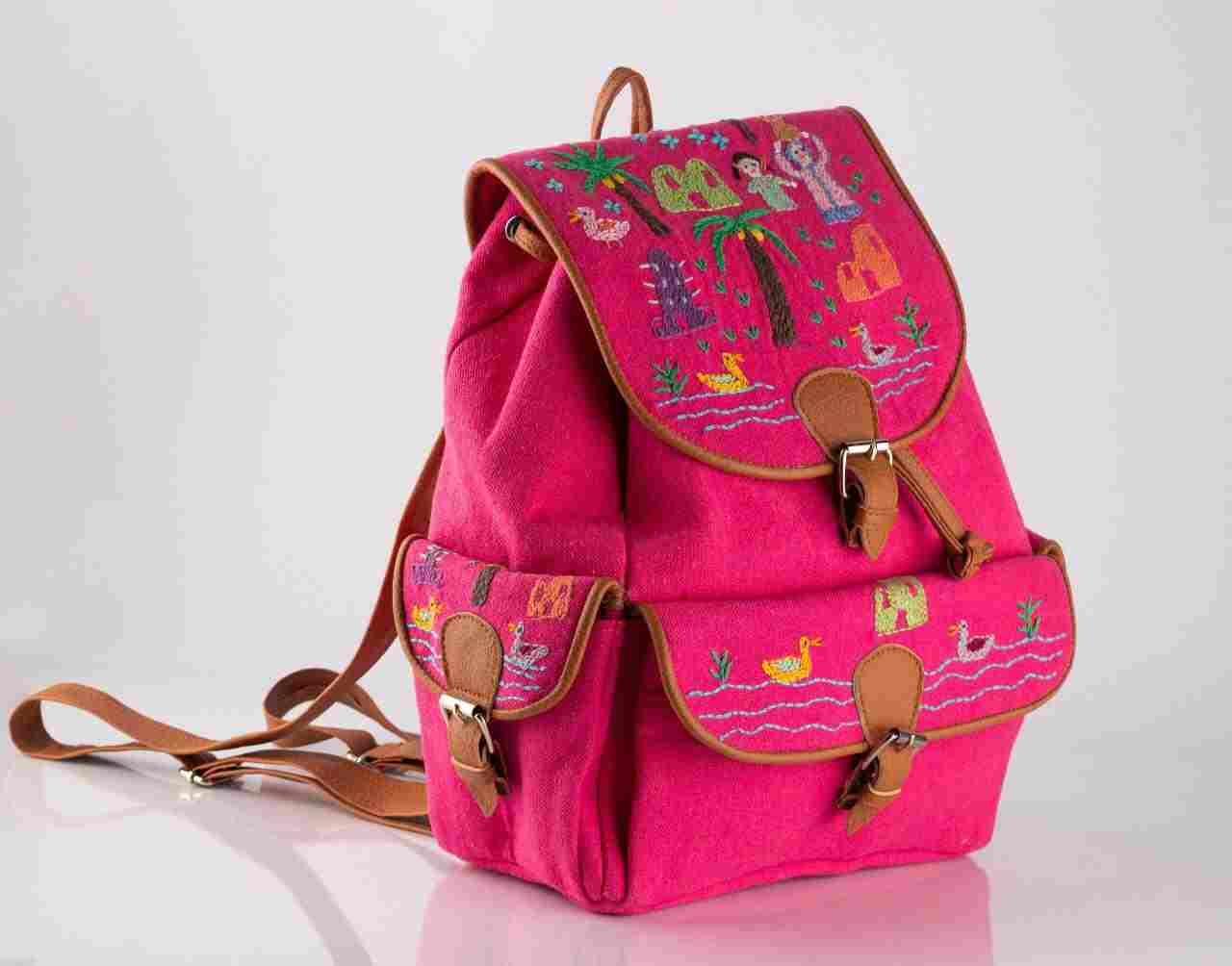 A hand-embroidered backpack, cotton cloth